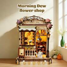 3D Wooden Puzzle Book Nook Kit DIY Morning Dew Flower Shop Miniature House Building Set Florist Store Diorama For Adults Home Decoration - Mocha Brown - View 6