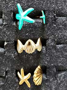 Set de 3 anillos abiertos con estrellas de mar y conchas de estilo oceánico en azul, adecuado para mujeres, regalo para fiestas, citas y uso diario en vacaciones en la playa - Amarillo Oro - Ver 2