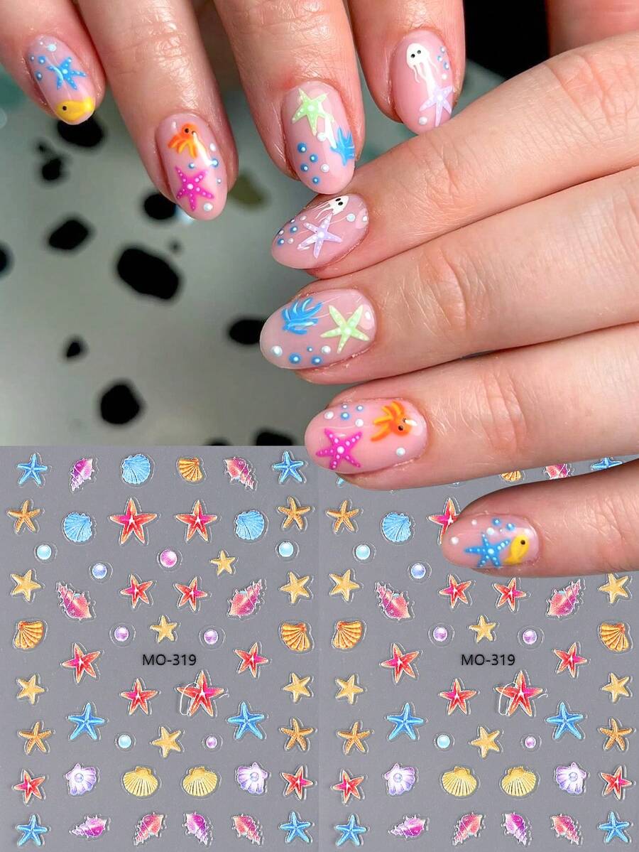 2片彩色海星海洋沙滩美甲贴纸海螺珍珠自粘贴花炫彩夏季海洋动物美甲装饰滑块适用于沙龙美甲DIY用品 - 彩色 - 查看 1