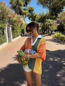女款休閒可愛Y2K拼色字母POLO領鏤空針織上衣，海灘罩衫，夏季度假出遊約會穿搭 - 橘色 - 查看 3