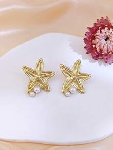 Summer Starfish & Pearl Earrings, Fashion Metal Shell Stud Earrings, Beach Vacation Style Jewelry Gift, Round White Pearl Earrings Suitable For Girls Faux Pearl Geometric Flower Earring Set, Women's Summer Beach Stud Earrings Jewelry, Suitable For Formal, Festival, Wedding, Daily, Music Festival, Beach Vacation Extremely Suitable For Valentine's Day, Birthday, Mother's Day - Gold - View 5