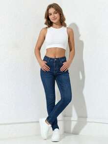 Pantalón Ajustado Negro de Talle Alto: Silueta Ceñida y Botonadura Frontal Decorativa, Denim Elástico para un Ajuste Cómodo. - Azul Mezclilla H2VA34 - Ver 2