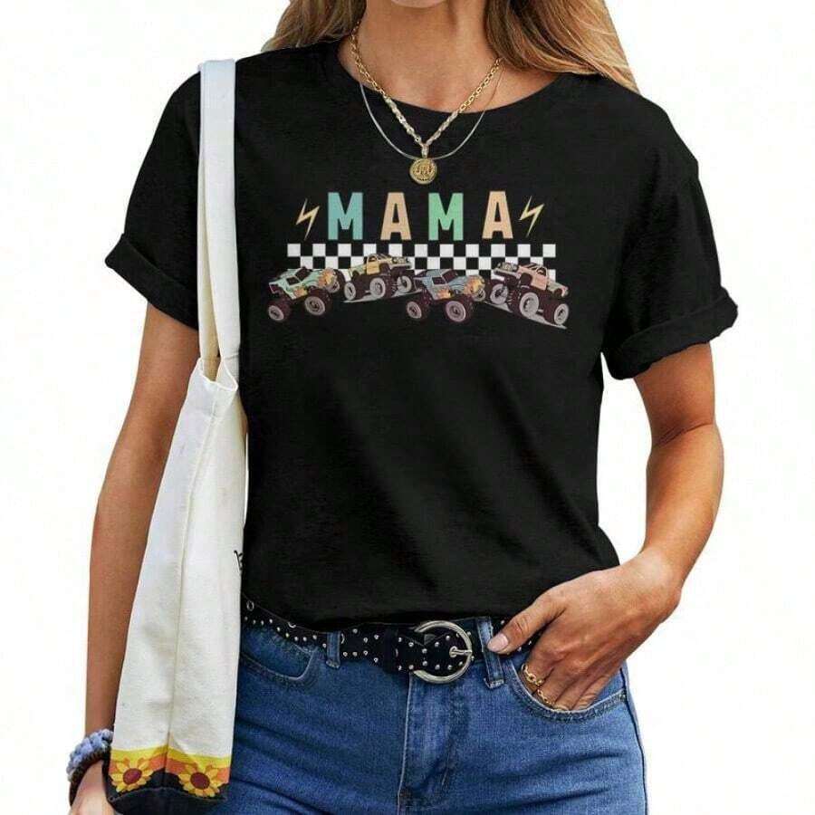Camión de mamá, camión monstruo son mi mermelada. Camiseta para mujeres amantes de los camiones, suave negra de algodón puro 220 g/m², estampado elegante, perfecta para uso diario - Negro - Ver 1