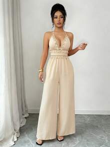 abyoxi Women's Apricot Textured Deep V-Neck Backless Jumpsuit With Handmade Beaded Tassel Decor, Pleated Waist, High-Waisted Wide Leg, Bohemian Resort, Casual Chic, Beach, Daily Wear, Spring/Summer Long Jumpsuit Elegant - Apricot - View 4