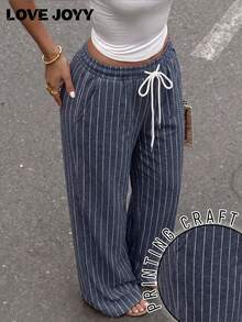 LOVE JOYY 女士时尚条纹抽绳弹力腰阔腿裤，宽松休闲裤，带口袋，非常适合夏季日常外出和通勤。 - 灰色 - 查看 1