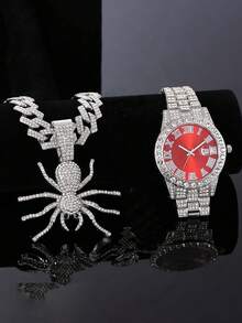 1 Set de Accesorios de Moda Personalizados para Hombres: Collar con Colgante de Bulldog con Strass, Cadena Cubana, Pulsera y Reloj Rojo de Estilo Hip Hop - Rojo - Ver 2