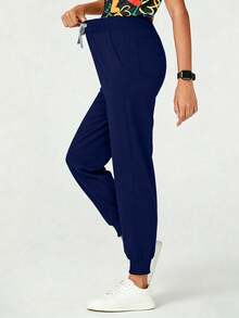cimmuovere High Waist Fitted Workwear - Multi-Pocket Design - Slim Breathable Pants - Side Zipper Pockets - Elastic Hem Spring - Navy Blue - View 8