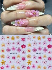 2片装热带夏季芙蓉花美甲贴纸，自粘彩色海星和花卉5D立体浮雕设计美甲贴花，黄色和粉色花卉图案美甲装饰DIY美甲用品（女士款） - 彩色 - 查看 2