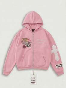 Men's Pink Hoodie With Cross Patch Badge - Relaxed Fit, Zippered Cardigan, Cotton Feel, Street Style, Drop Shoulder Design, Unisex American High Street Fashion With Multiple Badge Embellishments - Hồng - Xem 2