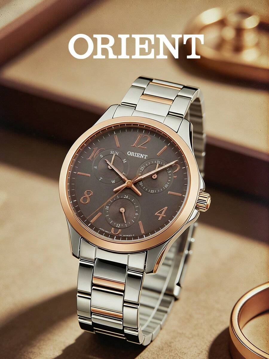 Orient Women's Watch, Luxury Versatile Ladies Wristwatch, Equipped With Quartz Movement, Precise And Stable Timing. Rose Gold Stainless Steel Woven Strap, Brown Sunburst Dial, Minimalist Elegant Appearance. - Brown - View 1