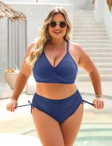 Women's High Waisted Bikini Sets, Crisscross Tie Back Drawstring Tummy Control Two Piece Swimsuits Bathing Suit - 霧霾藍 - 查看 5