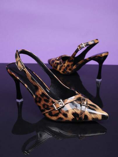 1 Paio di Sandali con Zeppa con Punta Affusolata, Decorazione in Metallo a Fibbia Incrociata, Stampa Leopardata Lucida in Pelle Marrone, Adatti per Feste, Shopping, Viaggi, Lavoro, Uso Interno ed Esterno, Nuovi Arrivi Estivi