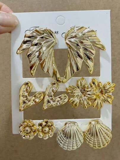 Trang sức xuyên biên giới Châu Âu và Mỹ, bông tai hình vỏ sò 3D lớn cá nhân hóa, bông tai hoa nhiều lớp hình lá và nếp gấp.