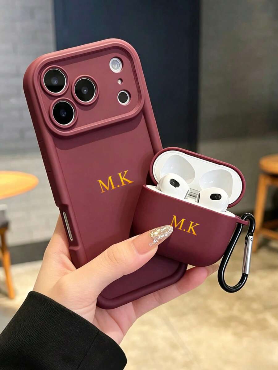 Soft Burgundy/Black Minimalist Wireless Earphone Protective Case Compatible With Apple Pro 1/2, 3/Pro, 13/14/15/16/17 Pro Max, All-Inclusive Protective Cover, Fashion Phone Case DIY Gift, Phone Accessories - Burgundy - View 1