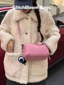 女士粉色麂皮单肩包，Y2K风格可爱拉链斜挎包，休闲日常手提包 - 粉色 - 查看 6