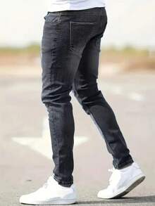 Men's Pocket Button Distressed Slim Fit Casual Versatile Daily Wear Denim Jeans - Black - View 3