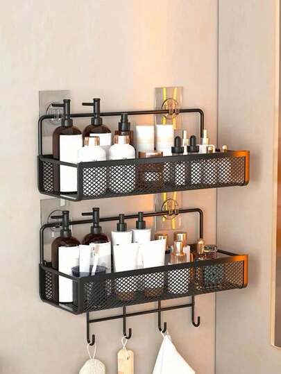 1pc Minimalist Black Hollow Wall-Mounted Storage Rack, Modern Iron Bathroom Storage Shelf, Household Product, Double-Layer Bathroom Shelf With Hooks, Black Metal Net Wall-Mounted Storage Rack, Space-Saving Organizer For Toiletries, Skincare Products, Towels, Rust-Resistant Bathroom Accessory, Ideal Housewarming Gift For Christmas, Suitable For Kitchen, Bedroom Vanity Organizer, Waterproof Floating Shelf For Makeup Brushes And Candles, Perfect Gift For Mother's Day, Easter, Anniversary