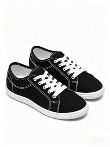 Fashionable Wide Canvas Sneakers, Soft And Comfortable, Casual Shoes For Students - Black and White - View 1