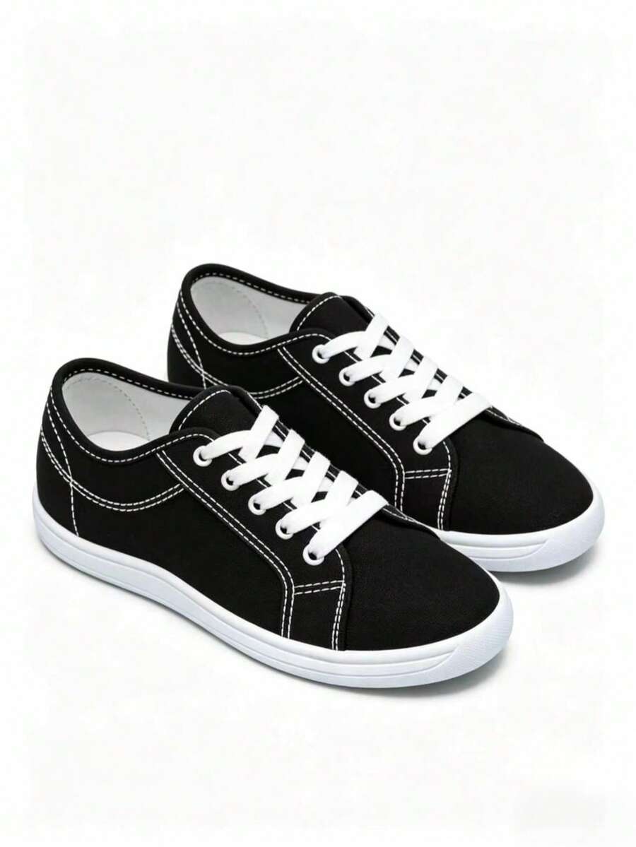 Fashionable Wide Canvas Sneakers, Soft And Comfortable, Casual Shoes For Students - Black and White - View 1