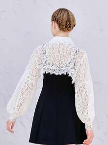 1pc Women Casual Solid White Button Ruffle Collar Long Sleeve Non-Stretch Shawl Collar Cardigan, Suitable For Spring/Summer Sunscreen, Vacation, Daily Wear - White Lace Long-sleeved Shawl - View 4