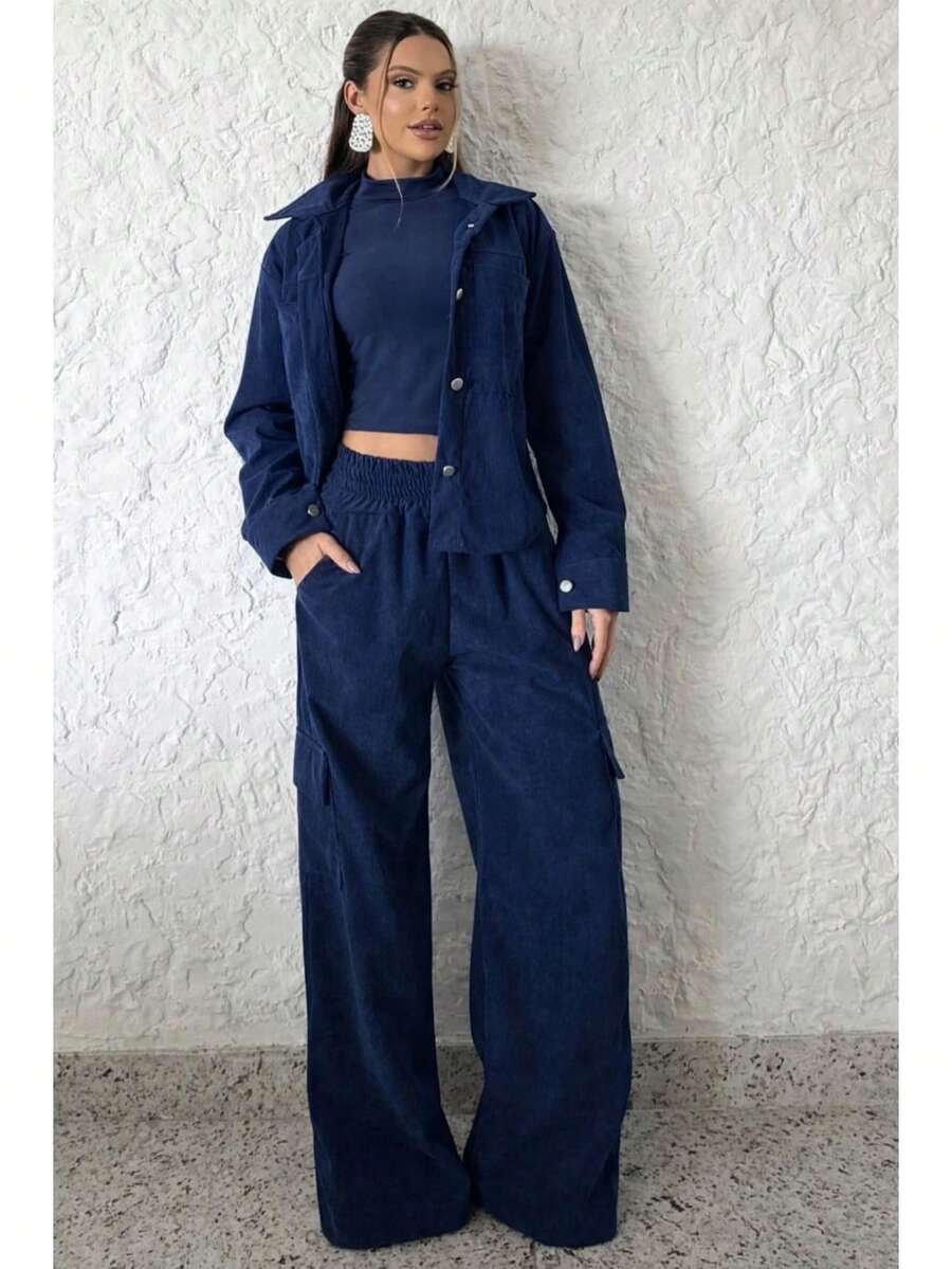 Women's Chic Velvet Winter Set - Navy Blue - View 1