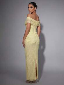 Women's Elegant Lace Ruched Slit Bodycon Open Shoulder Long Party Evening Dress, Suitable For Daily And Special Occasions Wedding Spring - Light Yellow - View 8