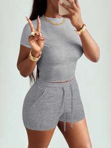 LovelyWholesale Women's Casual Solid Color Round Neck Short Sleeve T-Shirt And Drawstring Shorts Set, Summer Elegant - Grey - View 5