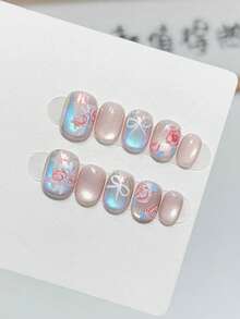 10 Stücke handgefertigte Quadrat- und Rundnägel, kurze Acryl-Aufkleb-Nägel, sanftes Rosa, glänzende Katzenaugen, handbemalte Aurora-Pulver-Schleifen, kantig elegante einfache Frühlings-Fake-Nägel, Sommer-Nägel, geeignet für Party, Alltag & Date, Strandurlaub, geeignet als DIY-Nagel-Kunstzubehör für Frauen & Mädchen als Geschenk - Verschiedenfarbig - Übersicht 3
