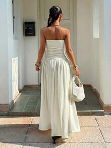Vestido bandeau con cintura ceñida y estampado de lunares, estilo vacacional - Albaricoque - Ver 2