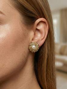 Charm Faux Pearl Stud Earring For Women,Stainless Steel Jewelry Vintage Swirl Leaf Gold Earring ,Waterproof Summer Beach Vacation Women Jewellery Gift - Gold - View 3