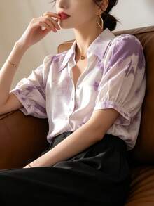 YUXIN 女士夏季水洗衬衫，复古优雅翻领花瓣袖宽松休闲通勤衬衫度假款 - 紫色 - 查看 6