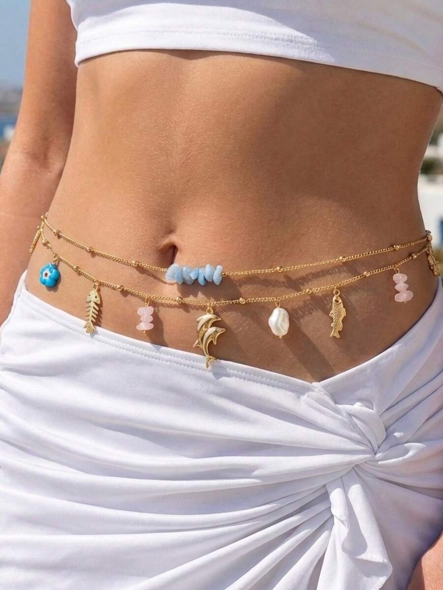 2 chiếc dây đeo eo kiểu Bohemian với mặt dây chuyền hình cá và hoa nhiều tầng. Dây đeo eo gợi cảm cho mùa hè, đi biển. Phụ kiện eo đi biển. - Nhiều màu - Xem 1