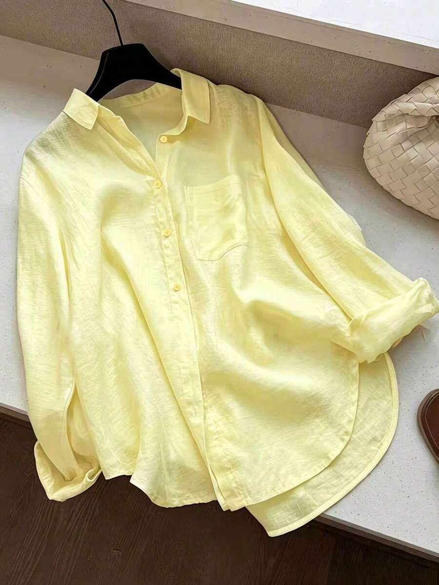 Camisa casual de mujer de unicolor con botones delanteros y dobladillo curvo, primavera, amarillo - Amarillo - Ver 1