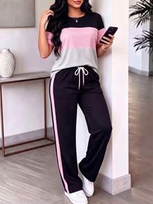 Women's Spring/Summer/Autumn New Crew Neck Striped Colorblock Short Sleeve T-Shirt & Casual Daily Elastic Waist Drawstring Colorblock Pants 2-Piece Set, Fashionable Colorblock Pocket Casual Loungewear Set, Summer Sports Casual Set, Comfortable For Outings - Black - View 4