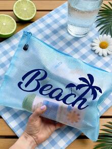 多色防水時尚網格海灘包，印有「Beach」椰子樹、遮陽傘圖案的化妝包，海灘主題。大容量透明化妝包，尼龍拉鍊盥洗包，-輕巧，春/夏收納，適合游泳、海灘、潛水和夏季度假，返校，輕巧防曬收納包，適合朋友、家人、閨蜜、同學。完美的生日、節日、派對、婚禮（伴娘）、母親節、教師節禮物和紀念品 - 彩色 - 查看 9