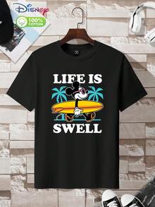Disney Mickey Mouse "Life Is Swell" Surfing Graphic T - Shirt For Men – 100% Cotton Short Sleeve Crew Neck Casual Tee, Retro - Style Design With Palm Trees, Surfboard & Pink Sunglasses Details, Ideal For Disney Fans, Mickey Enthusiasts, Adult Males, Unisex Fit, Soft Breathable Fabric For Daily Wear, Gift For Mickey Mouse Lovers, Black Crewneck With Bold Cartoon Print, Perfect For Beach Vacations, Summer Outdoor Events, Weekend Hangouts, Surfing Trips, Tropical Holidays, Comfortable Streetwear For Men & Teens, Retro Disney Character Graphic For Casual & Festive Occasions - màu đen - Xem 1