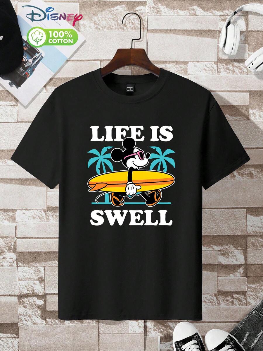 Disney Mickey Mouse "Life Is Swell" Surfing Graphic T - Shirt For Men – 100% Cotton Short Sleeve Crew Neck Casual Tee, Retro - Style Design With Palm Trees, Surfboard & Pink Sunglasses Details, Ideal For Disney Fans, Mickey Enthusiasts, Adult Males, Unisex Fit, Soft Breathable Fabric For Daily Wear, Gift For Mickey Mouse Lovers, Black Crewneck With Bold Cartoon Print, Perfect For Beach Vacations, Summer Outdoor Events, Weekend Hangouts, Surfing Trips, Tropical Holidays, Comfortable Streetwear For Men & Teens, Retro Disney Character Graphic For Casual & Festive Occasions - màu đen - Xem 1