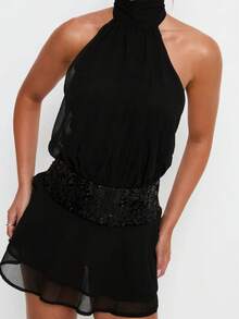 Women's Pleated Waist Sheer Mesh Ruffle Mini Dress Summer Casual Halter Neck High Neck Bodycon Short Dress Self-Tie Backless Sundress Party Clubwear - 亮片黑色 - 查看 6