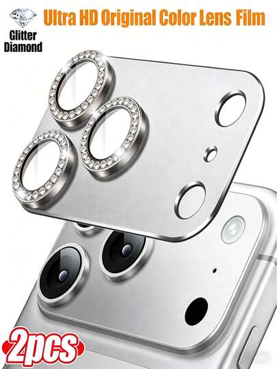 NNBILI 2pcs Silver Ultra HD Original Color With Glitter Diamond Metal Camera Film Compatible With IPhone 17 Pro Max & 17 Pro. Metal Surface With Ultra-Thin Tempered Glass, And Glitter Diamond Ring. Anti-Oil Stain
