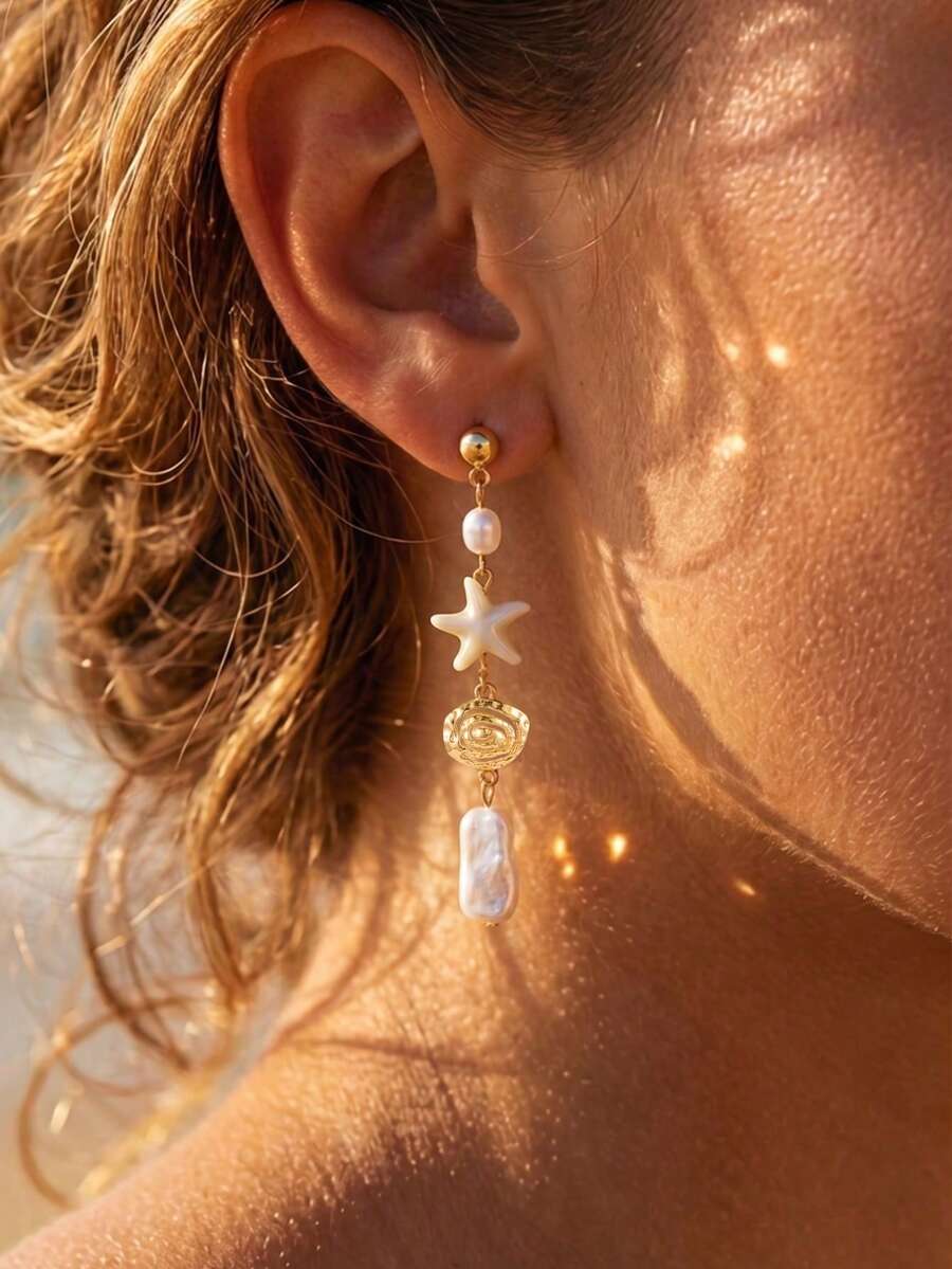 2件組夏季海灘度假風海星不對稱珍珠耳環,適合海灘穿搭,送給朋友或女友的絕佳禮物 - 金黃色 - 查看 1