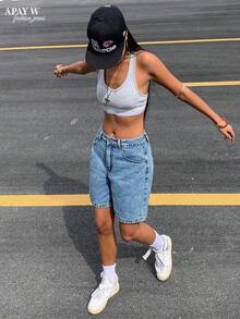 Women's Solid Color Casual Bermuda Denim Shorts, Summer - 深色洗 - 查看 11