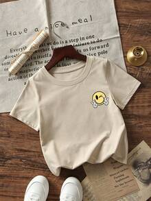 Baby Girl Cartoon Colorful Smile Face Print Crew Neck Short Sleeve T-Shirt - Apricot - View 4