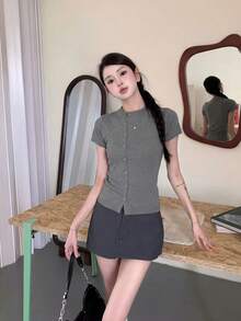 女士休闲短袖修身圆领薄款开衫，适合春夏穿着 - 灰色 - 查看 8