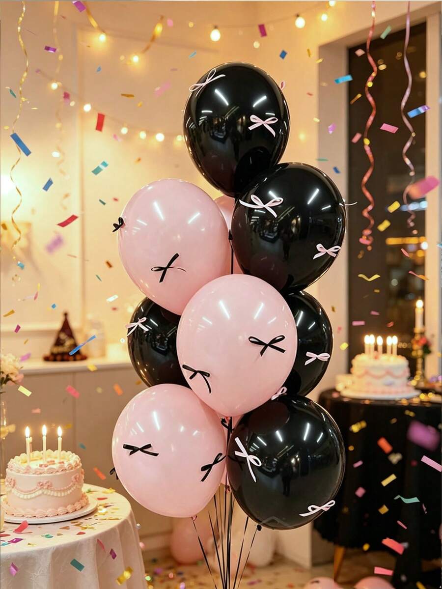 30pcs Pink And Black Latex Balloon Bow Set, Includes Black And Pink Latex Balloons And Black Pink Bows, Suitable For Birthday Party, Wedding, Engagement Party, Princess Style, Pink Birthday Theme, Sweet & Cool Girl, Gender Reveal Party - Multicolor - View 1