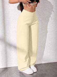 Casual Versatile Solid Color High Waist Straight Leg Pants - Apricot - View 4