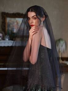1pc White Sheer Bridal Veil, Black Single Layer Transparent Long Train Wedding Veil, Suitable For Wedding, Party, Cosplay, Photography - White - View 12