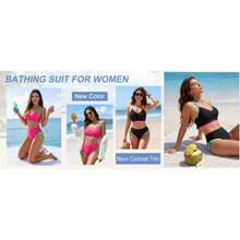 Women's High Waisted Bikini Sets, Crisscross Tie Back Drawstring Tummy Control Two Piece Swimsuits Bathing Suit - 黑色熱帶印花 - 查看 10