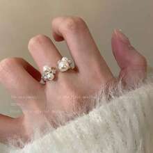 One Pearl Ring, Cute Ring, Korean Style, Simple, Elegant, Silver, Women's, Summer, Free Size, New Arrival, Zirconia, Lightweight, Luxurious, High Class, Index Finger, Pinky Ring, Unique Design, Hypoallergenic, Open, Stylish, Free Shipping, Accessory, Jewelry, Gift, Present, Delicate [Next Day Shipping] - 銀色 - 查看 6