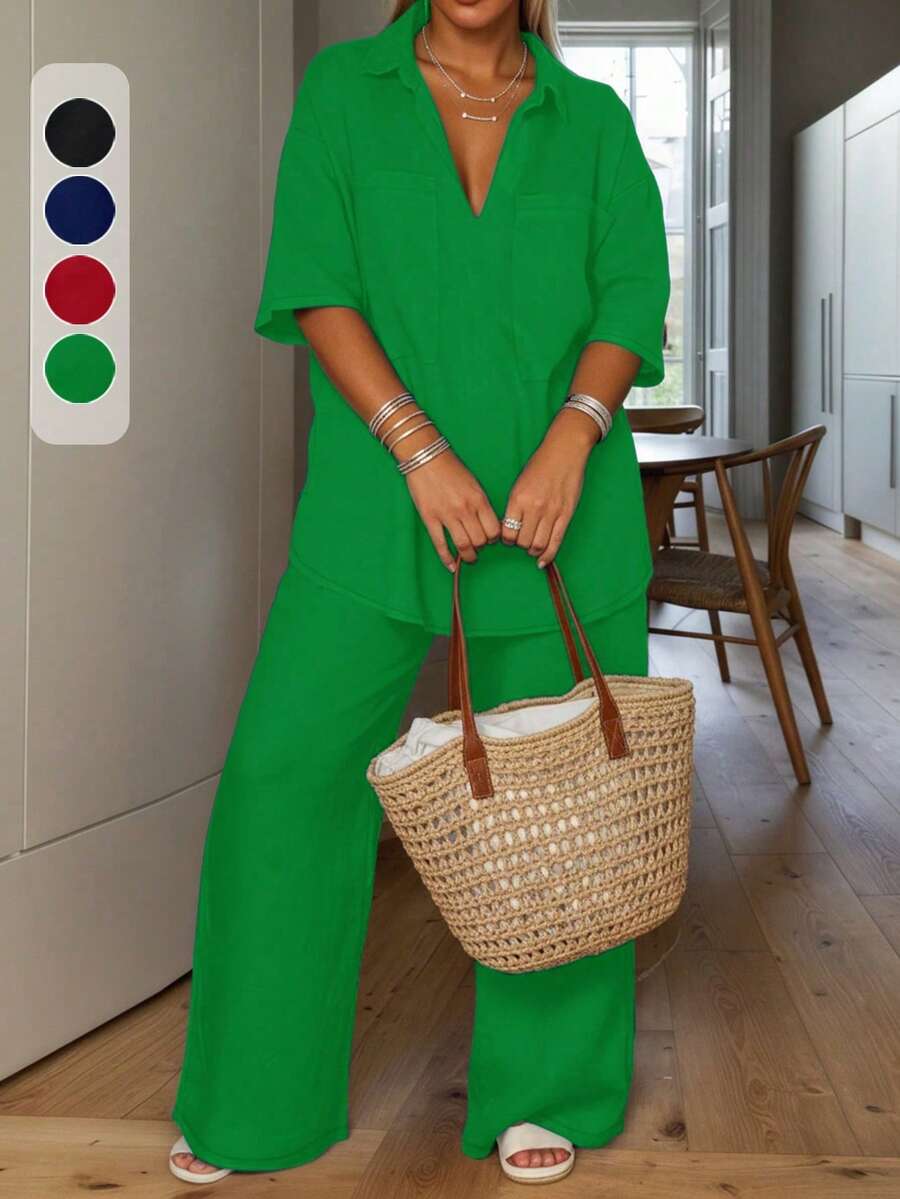 Plus Size 2 Pcs Set Loose Casual Top With Lapel Collar, Pocket + Wide Leg Pants Elegant Summer - Green - View 1