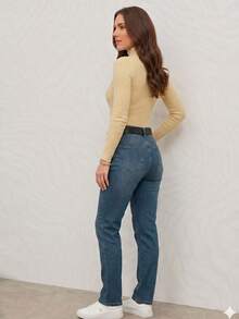Women's Ribbed Turtleneck Sweater With Medium Neckline And Long Sleeves, Second-Skin Style, Simple And Casual. - Rượu sâm banh - Xem 10
